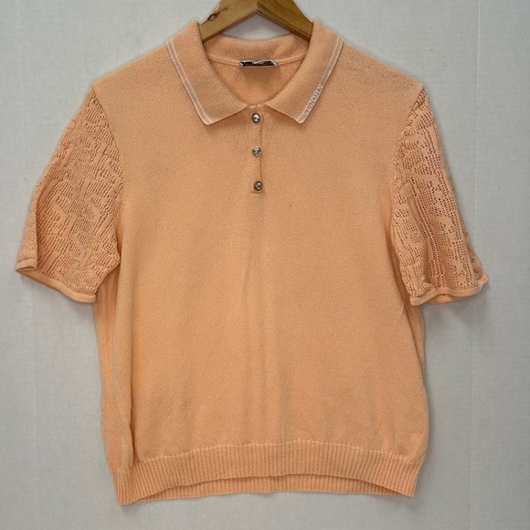 St. John Sport Peach Knit Polo Shirt with Lace Sleeves size Large - Picture 1 of 12